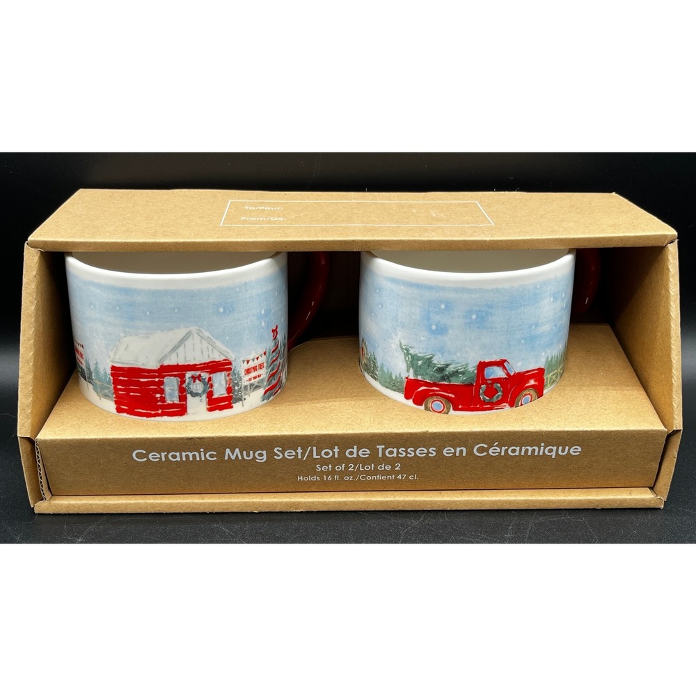 Bass Pro Shops Christmas Ceramic Mug Set 2pk 16oz Red‎ Truck Barn Winter Holiday